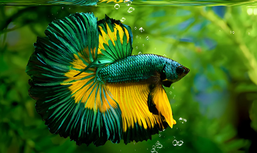 Red Betta fish swimming in freshwater aquarium